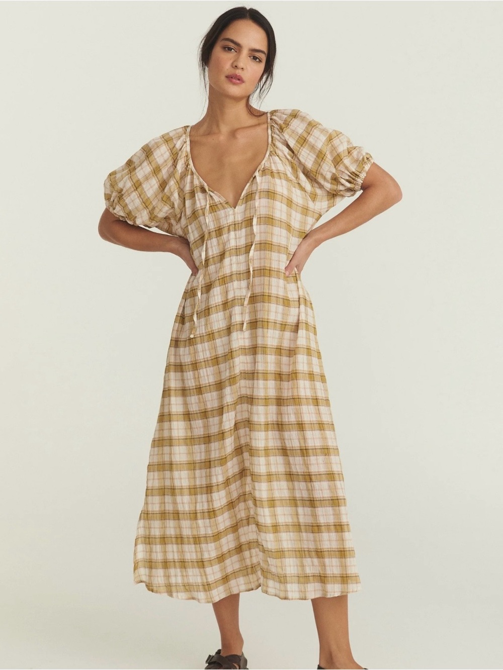 Opia Clothing Dory Midi Smock Dress Size M/L in Mustard Plaid - Picture 2 of 12